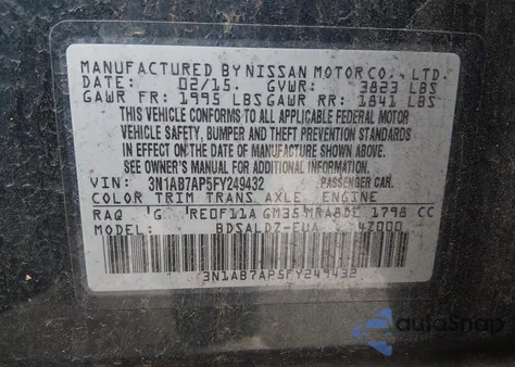 2015 Nissan Sentra Fe+ S/S/Sl/Sr/Sv from USA, damaged, VIN 3N1AB7AP5FY249432